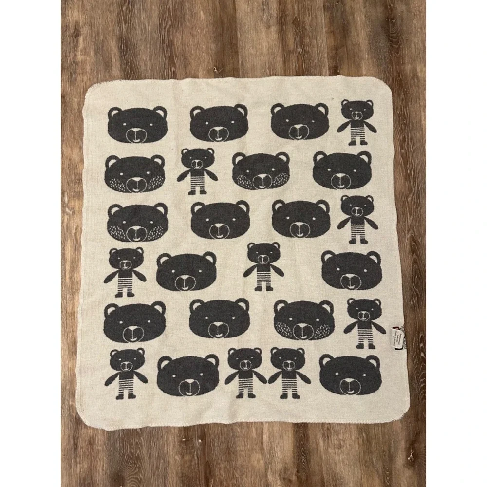 David Fussenegger Baby Blanket‎ Bears Grey Cream Reversible Austria 26x26